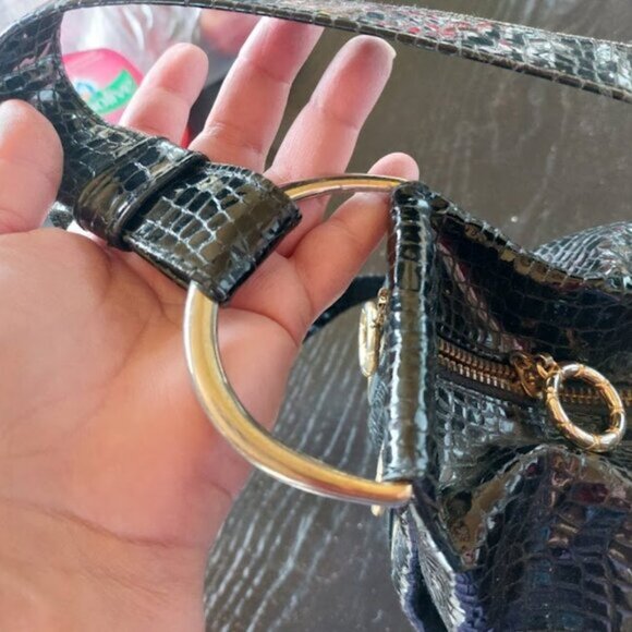 Black Lacquered Look Faux Snake Skin Shoulder Bag - Picture 6 of 9